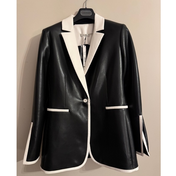 NWT Alice + Olivia Breann Black/Off White Vegan Leather Blazer Size 10 - Picture 1 of 10